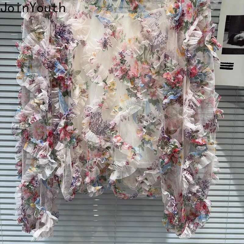 2025 Blusas Mujer De Moda Sweet Blouses Women Clothing Long Sleeve O-neck Gauze Shirts 3D Floral Summer Chic Chiffon Blouse Tops