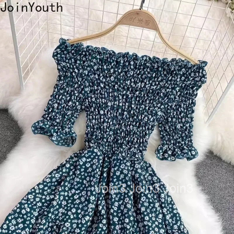 Summer Woman Dress Vestidos De Mujer Slim Waist Short Sleeve Big Swing Robe Femme Slash Neck Folds Floral Chiffon Maxi Dresses