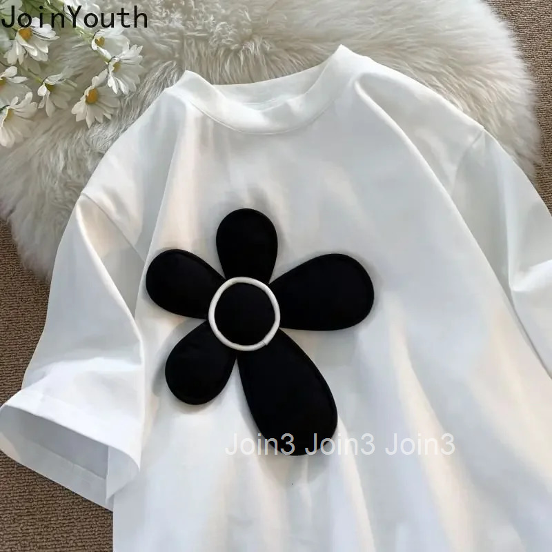 White T-shirts Women 2025 Ropa Mujer Chic 3D Floral Summer Tees Fashion Casual Korean Tshirts Cotton Y2k T Shirt Oversized Tops