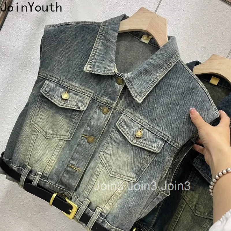 Vintage Sleeveless Women Denim Vest Jackets 2025 Ropa Mujer Fashion Streetwear Waistcoat Crop Tops Casual Fashion Tanks 7m017