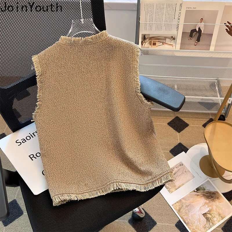 Sleeveless Cardigan Women Vest 2025 Ropa Mujer Double Breasted Vintage Waistcoat Fashion Korean O-neck Tweed Loose Tanks Tops