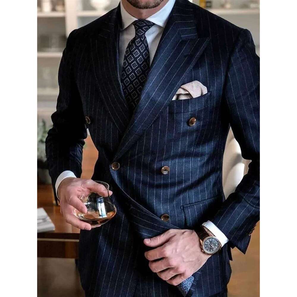 2 Piece Chic Pinstripe Navy Blue Men Suits Set High Quality Formal Double Breasted Peak Lapel Suit Slim Fit Smart Casual Tuxedo