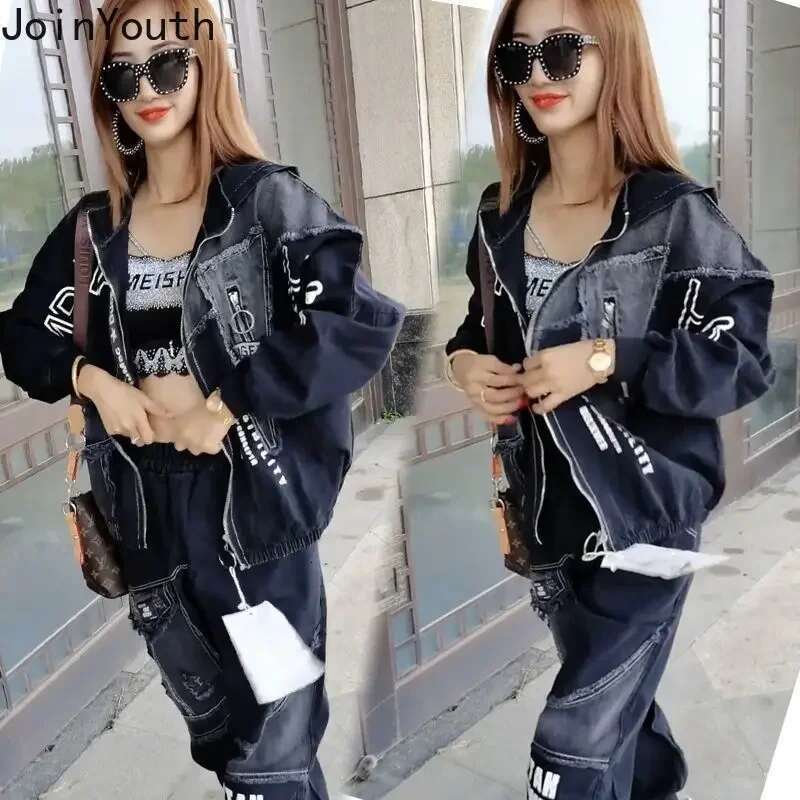 Womens 2 Piece Clothes Sets Fashion Jeans Denim Coat Clothes Oversized Hooded Jacket Pants Outfits Korean Women Two Piece Set