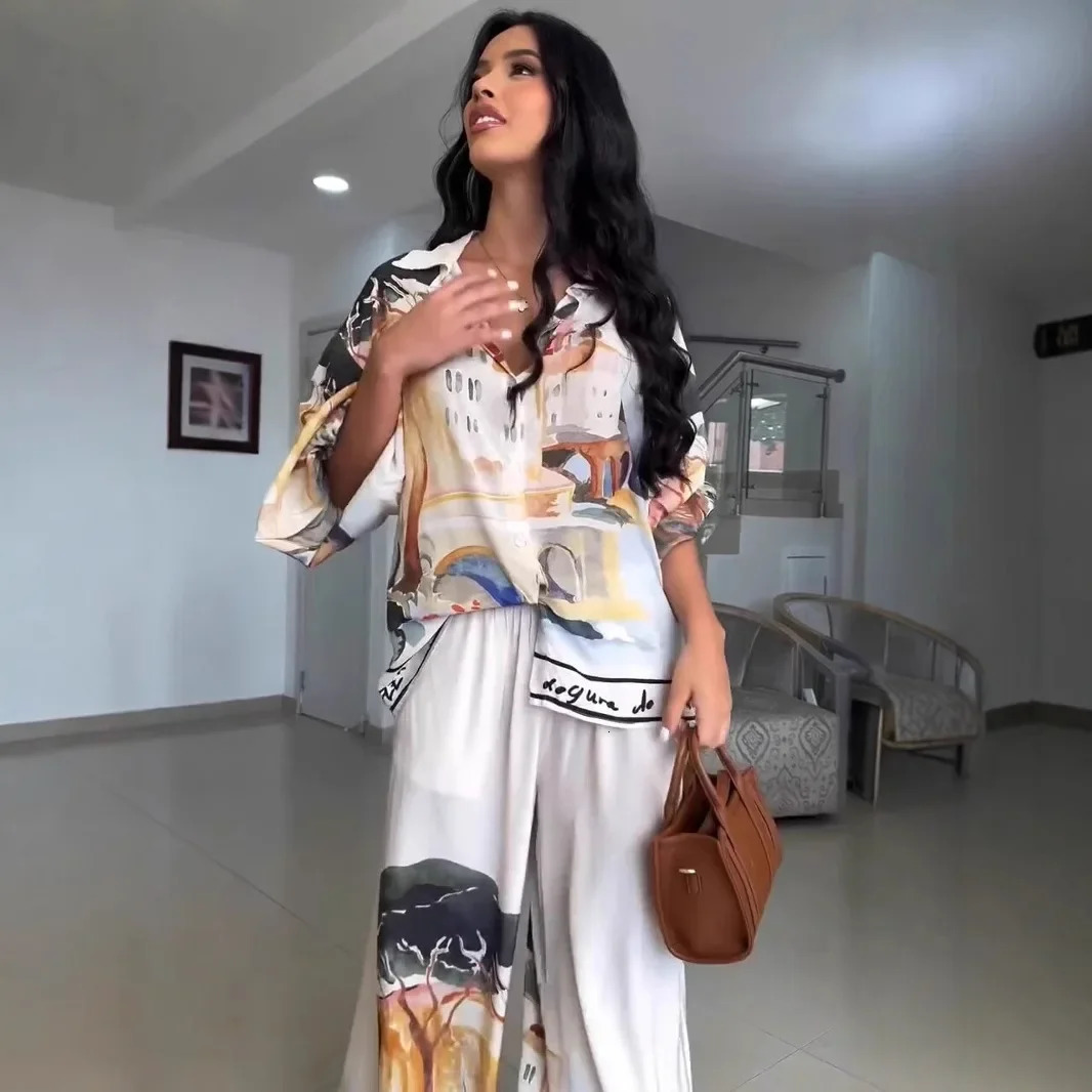 Fashionable Loose Lantern Sleeve Shirt Wide Leg Pants Two Piece Set Womens Clothing 2025 Printed Casual Outfit 250617