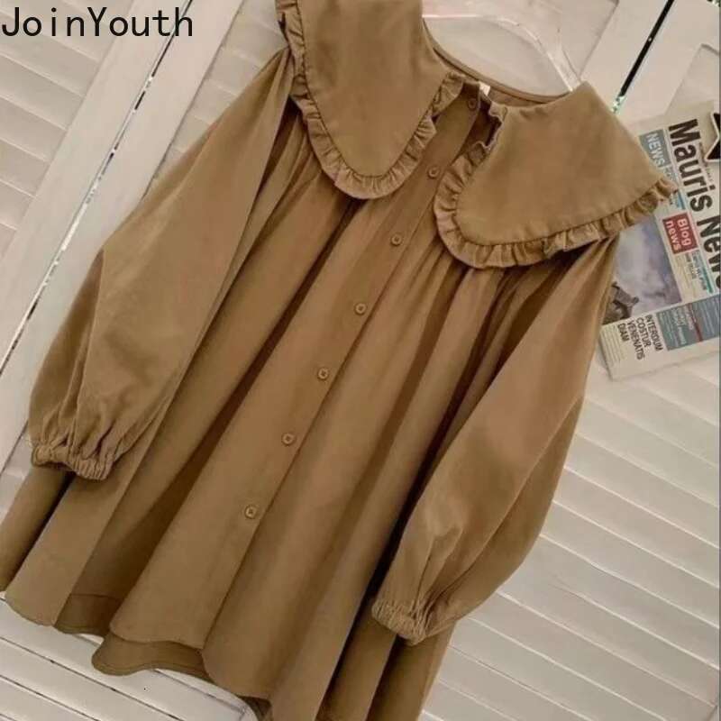 Dresses for Women Ruffles Peter Pan Collar Long Sleeve Oversized Robe Femme A-line Sweet Shirt Dress 2025 Vestidos De Mujer