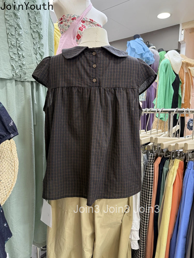 Korean Shirts for Women Loose Bow Turndown Collar Short Sleeve Blouses 2025 Camisas De Mujer Summer Vintage Plaid Blouse Tops