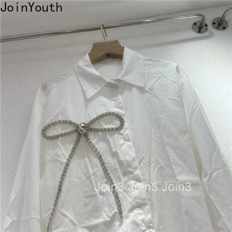 Temperament Lady Tops Vintage Blouse Women Diamond Bow Long Sleeve Shirts Loose Chic White Blouses 2025 Blusas Mujer De Moda