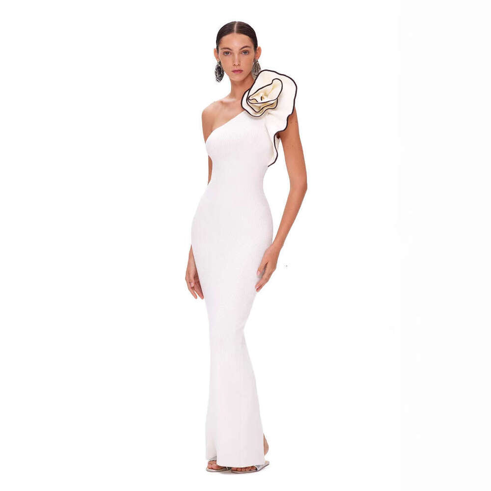 White Skirt Maxi Skirt New White Single Shoulder Floral Ribbed Knit Women S Long Dress Bandage Spring Summer Long Skirt