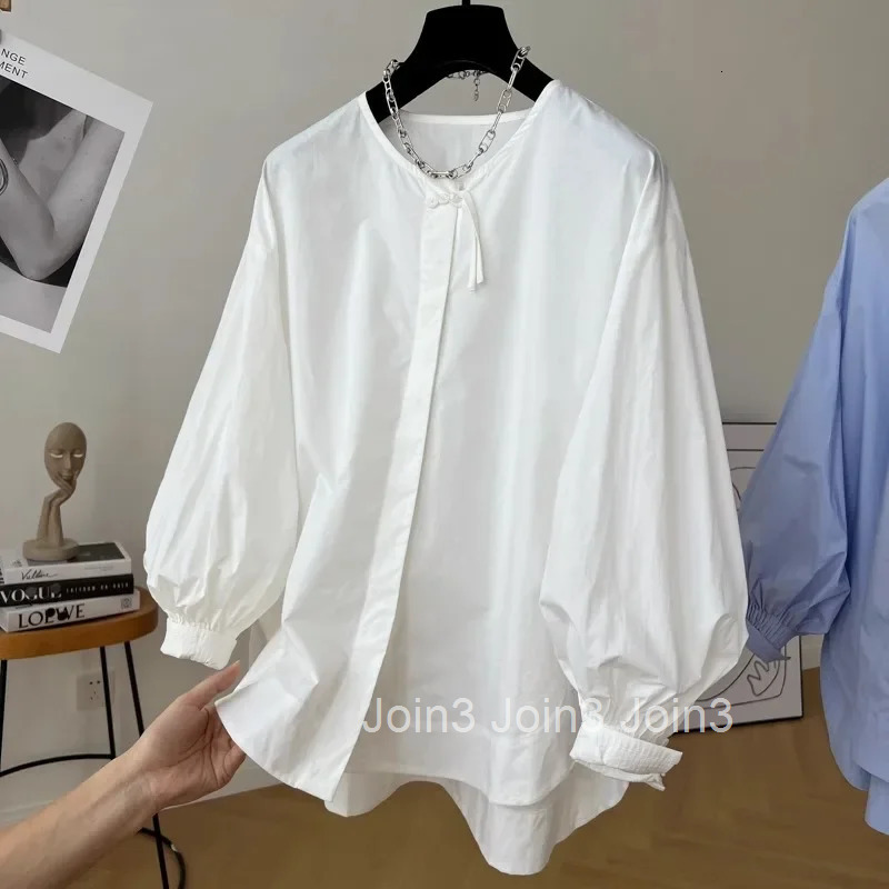 Vintage Women Shirts O-neck Lantern Sleeve Blouses Chinese Style Cotton Tops Loose White Blouse 2025 Blusas Mujer De Moda 63c523