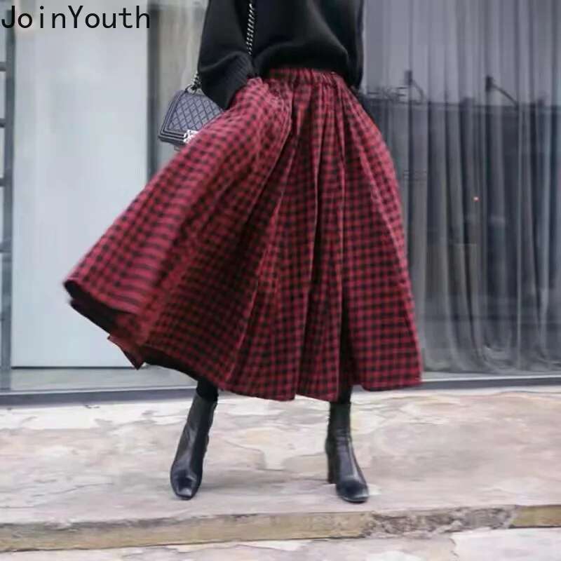 2025 Faldas Mujer De Moda Vintage Skirts Women Clothing High Waist A-line Jupe Fashion Plaid Loose Saia Korean Long Skirt 7L770