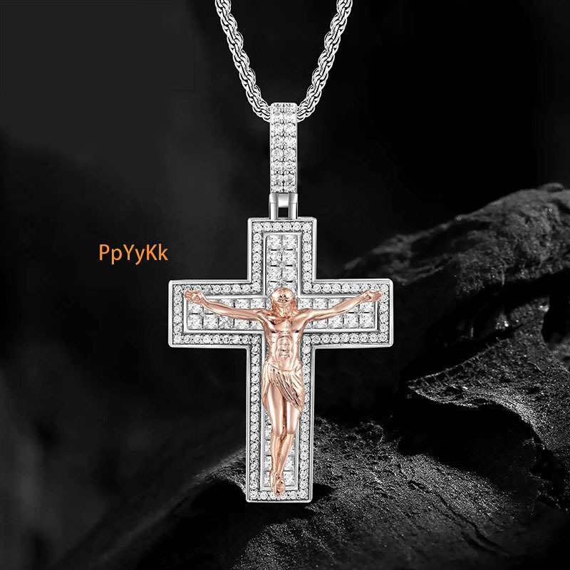 Moissanite Necklace Hip Hop Cross Pendant Diamond - Inlaid Hip - Hop Pendant Stylish Men's Trendy Full Diamond Necklace