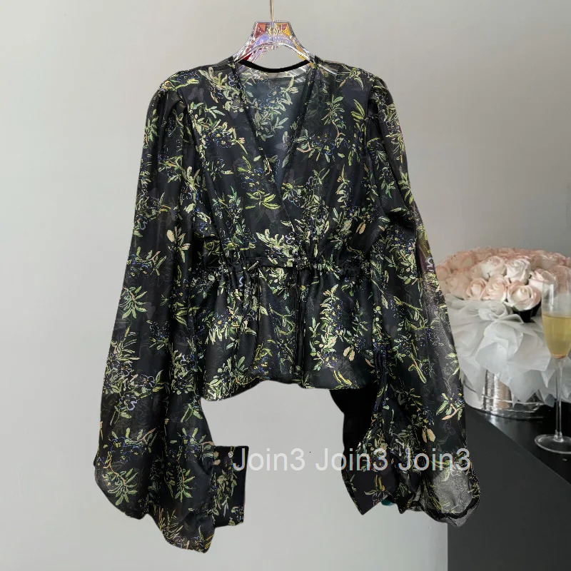 Women Clothing Summer Blouses Temperament Lady Tops Solid Color V-neck Lantern Sleeve Shirts Slim Waist Thin Camisas De Mujer