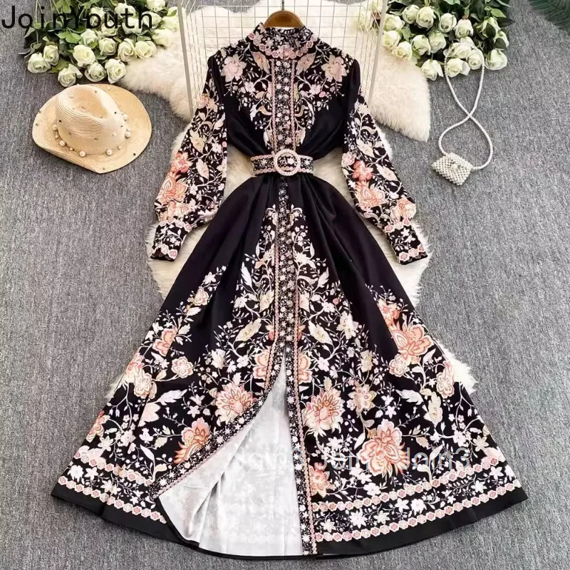 2025 Vestidos De Mujer Floral Chiffon Dresses for Women Slim Waist Temperament Chiffon Robe Femme Stand Neck Vintage Maxi Dress
