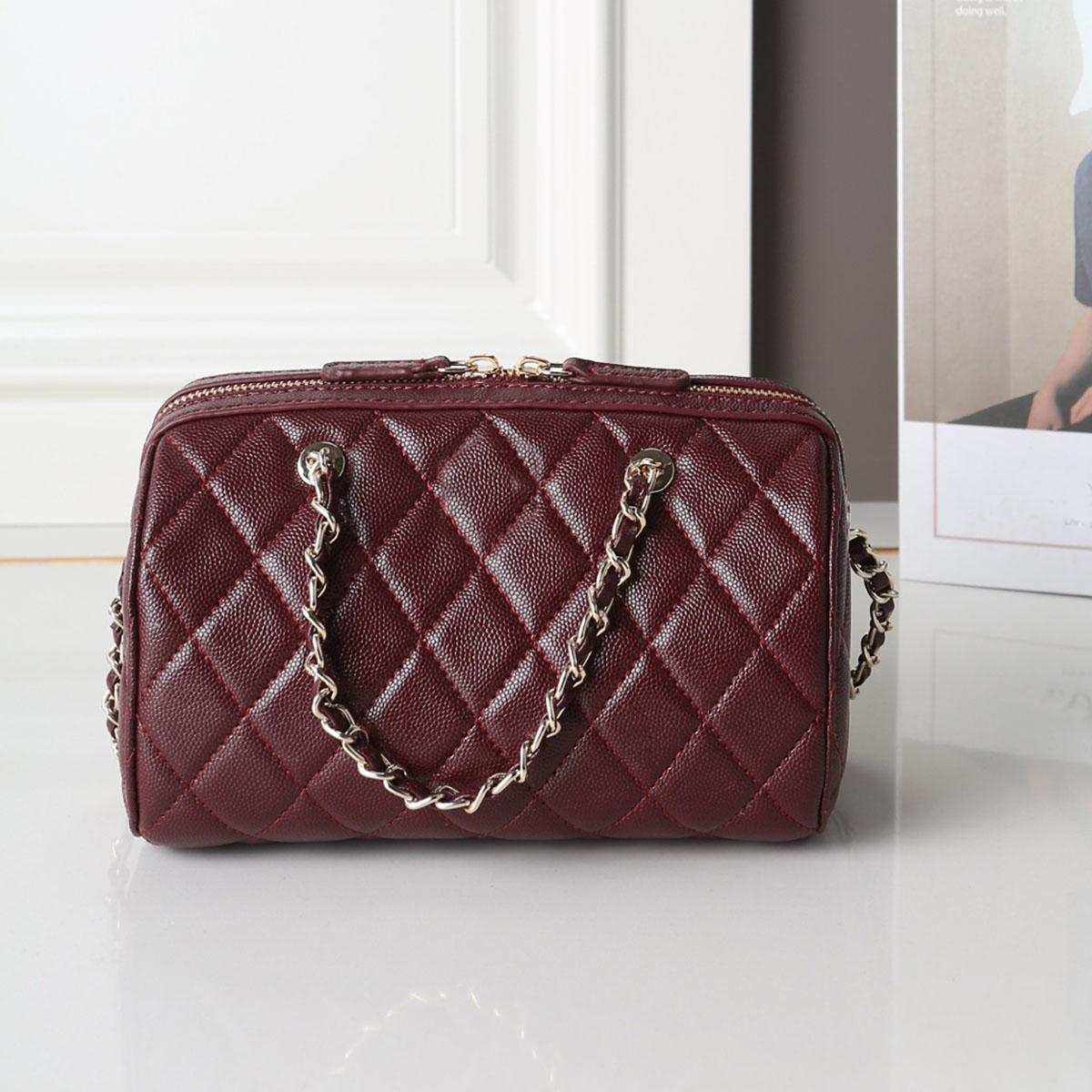 25p 8 Color Caviar Diamond Leather Bowling Bag Round Bag Boston Bag Single Shoulder Bag Handbag Ladies Crossbody Bag Designer Makeup Bag 19x11cm Versatile Dress Bags