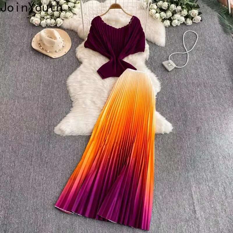 Summer Women Clothing Vintage 2 Piece Set Skirt Outfits Roupas Femme Short Sleeve Irregular Tops Gradient Pleated Skirts Suit