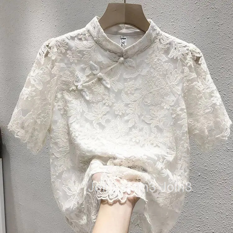 Chiffon Lace Blouse Women Short Sleeve Stand Neck Vintage Shirts 2025 Blusas Mujer De Moda Korean Summer Blouses Tops Femme