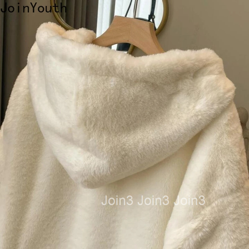 2025 Winter Clothing Hooded Lamb Wool Coat for Women Ropa Mujer Cute White Zipper Outwear Thicked Warm Japanese Y2k Jackets Tops