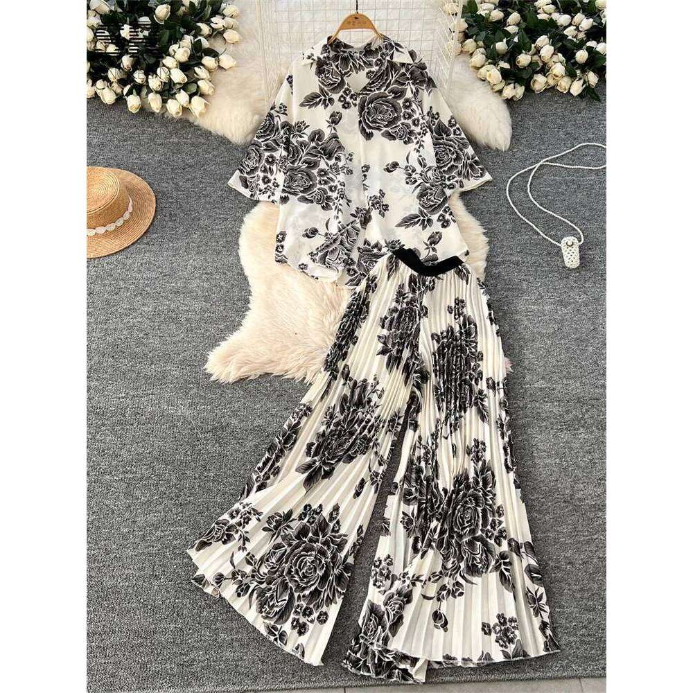 Designer Leisure High Quality SINGREINY Spring Print Two Pieces Suits Single Breasted Turn-down Collar Tops+Pleated Long Pants Women Streetwear Casual