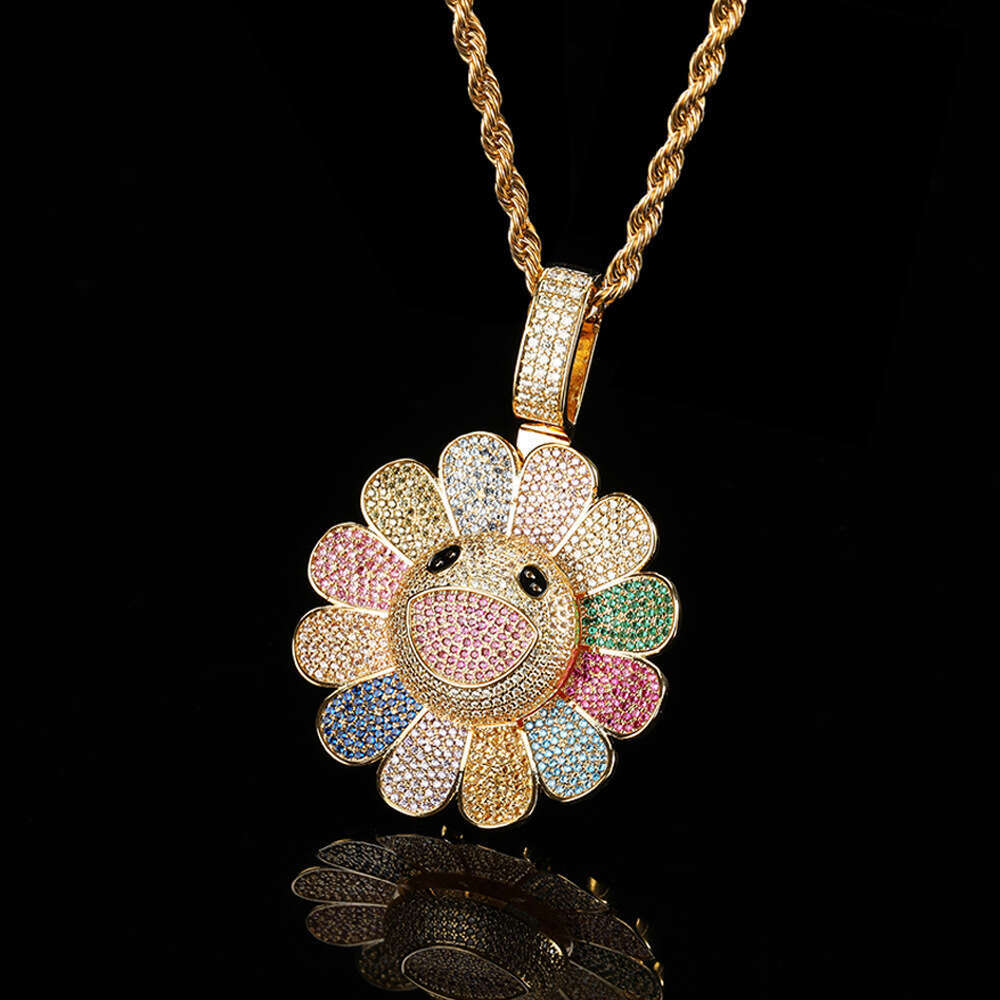 Copper Inlaid Zircon Rotatable Murakami Suower Pendant Real Gold Plated Trendy Hip Hop Necklace 9ece