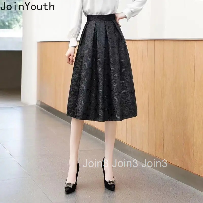 2025 Faldas Mujer De Moda Vintage Skirt for Women High Waist A-line Floral Jupe Fashion Temperament Saia Korean Pleated Skirts