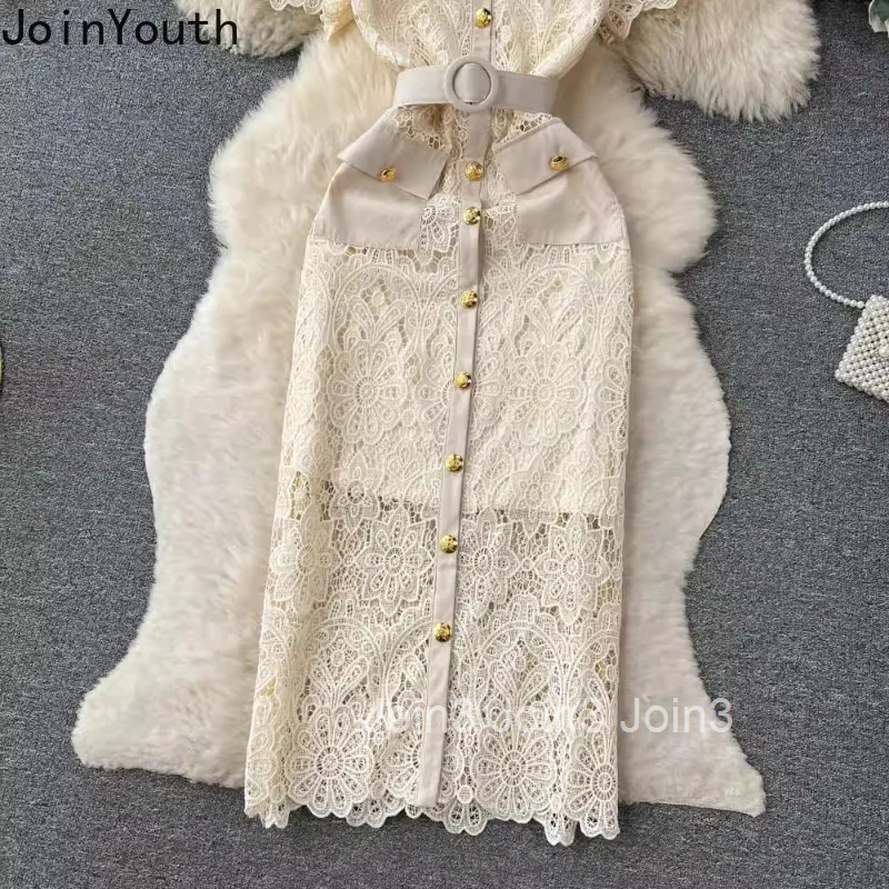 Vestidos De Mujer Summer Woman Dress Lace Tunic Single Breasted Short Sleeve Tunic Robe Femme Hollow Out Temperament Dresses