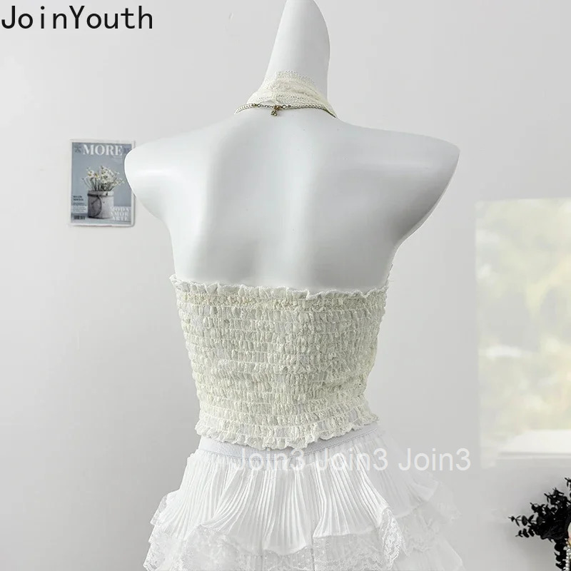 Chic Crop Top Sexy Vest Womens Clothing V-neck Bandage Sleeveless Tunic Camis 2025 Ropa Mujer Backless Lace Folds Summer Tanks