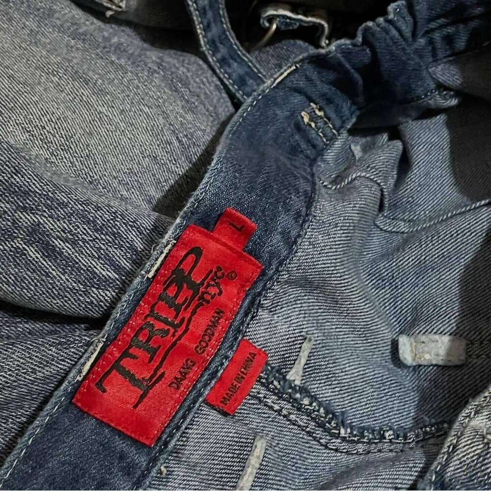 Retro Hip Hop Blue Y2k Cargo Pants with Large Pockets Zipper Baggy Straight Wide Leg Ripped Jeans Gothic Streetwear