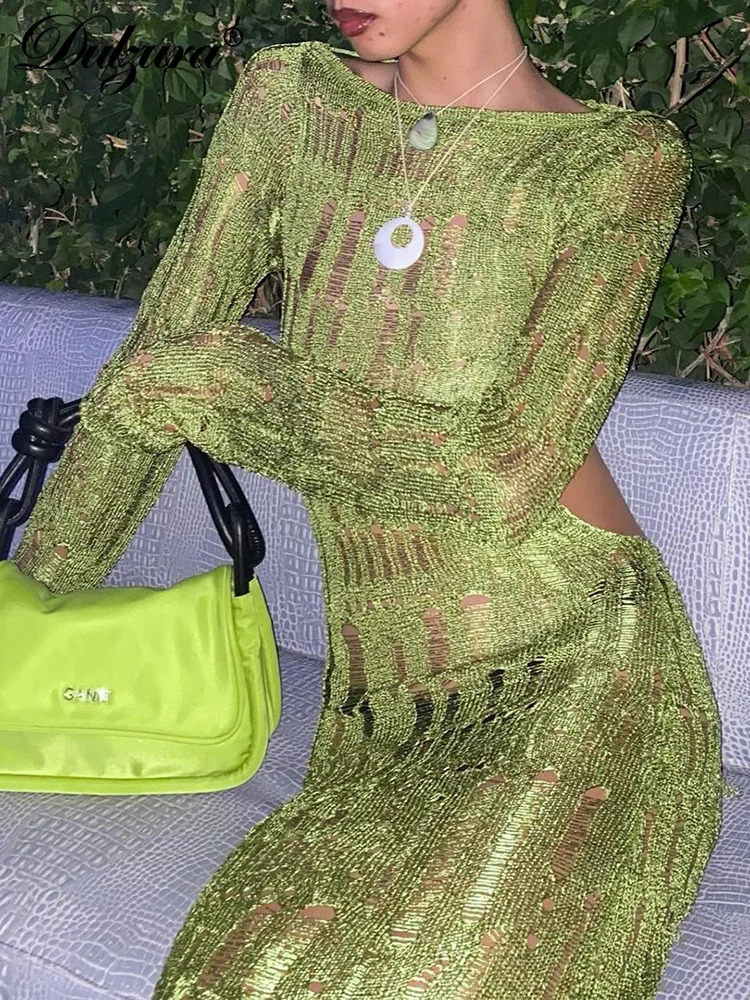 Dulzura Knitted Crochet O-Neck Solid Cut Out Backless Long Sleeve Maxi Dress Hook Flower Hollow Summer Women Sexy Y2K 250617