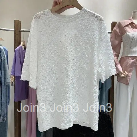 Summer Woman Tshirts 2025 Ropa Mujer Fashion Lace Hollow Out T Shirts O-neck Short Sleeve Tees Oversized Tops White T-shirt