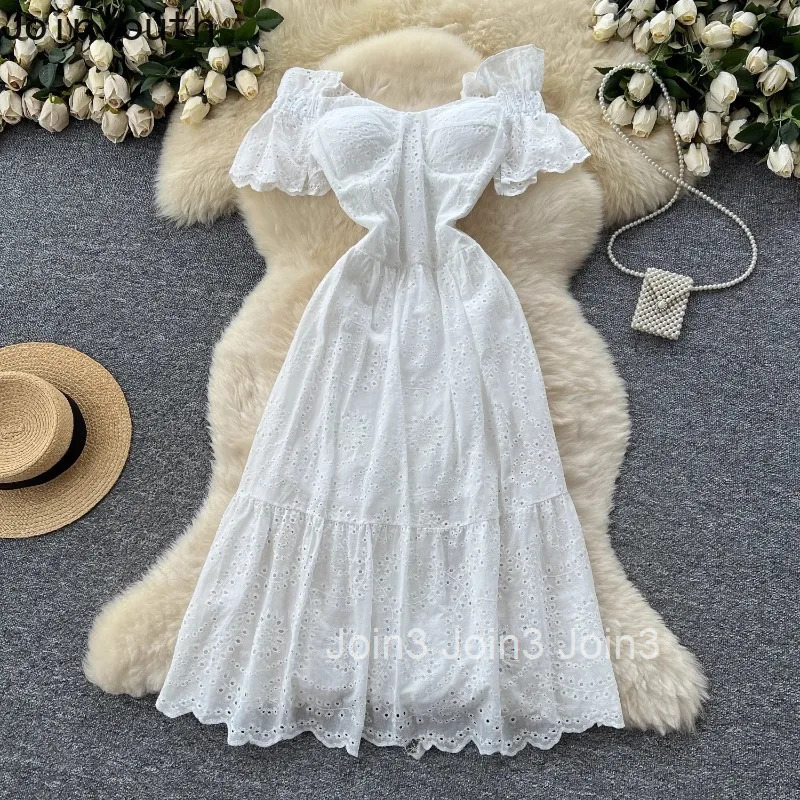 Women Clothing Summer Dresses Slash Neck Slim Waist A-line Robe Femme Temperament Robe Femme Hollow Out Embroidery Sweet Dress