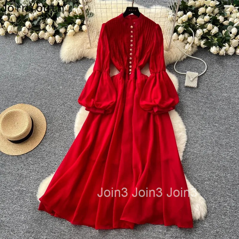 2025 Vestidos De Mujer Vintage Lantern Sleeve Dress Womens Clothing Single Breasted Slim Waist High Waist A-line Maxi Dresses