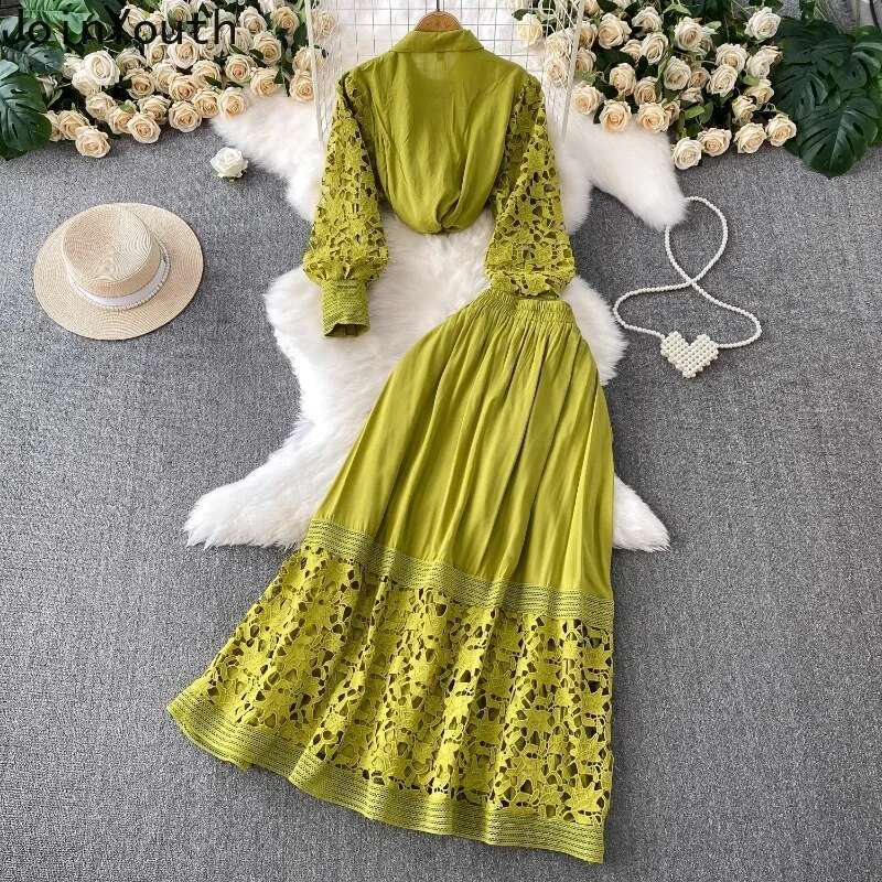 Skirt Sets Women Clothing Temperament Two Piece Set Patchwork Lace Blouses High Waist Hollow Out Long Skirts Suit Summer Outfits