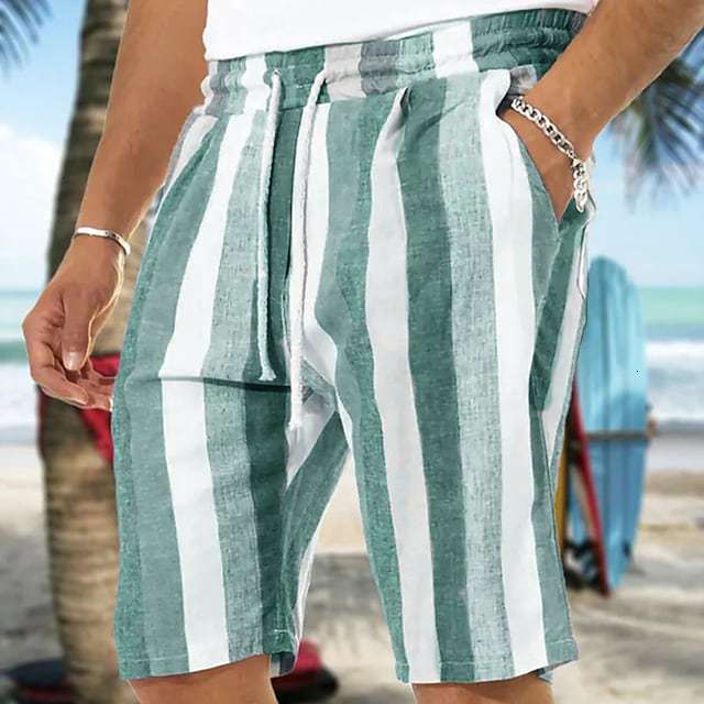 Amazon Independent Station 2025 Men's Beach Drawstring Shorts Striped 3D Print European and American Foreign Trade One Piece Direct Shipment