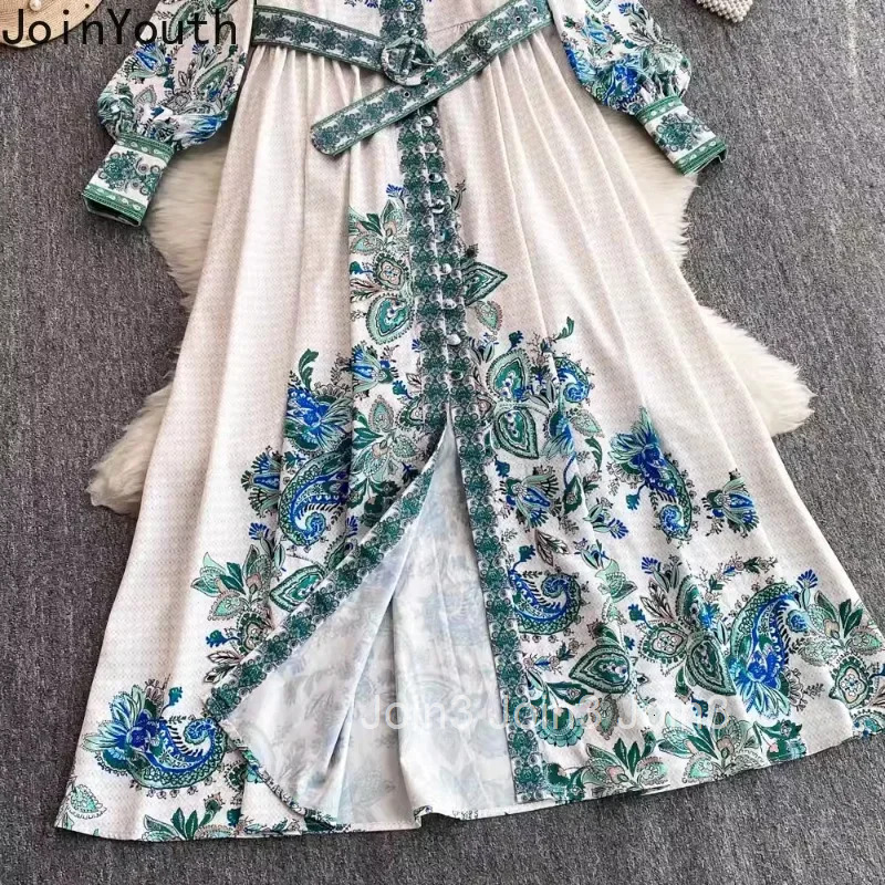 Stand Neck Maxi Dresses for Women Temperament Robe Femme Single Breasted Floral Vintage Slim Waist Dress Korean Vestido Femme