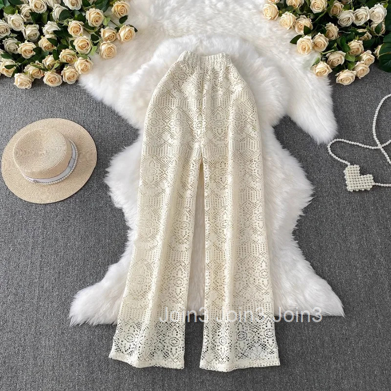 Summer Straight Pants for Womens 2025 New Bottoms High Waist Fashion Hollow Out Thin Pantalon Femme Korean Lace Trousers 63e165