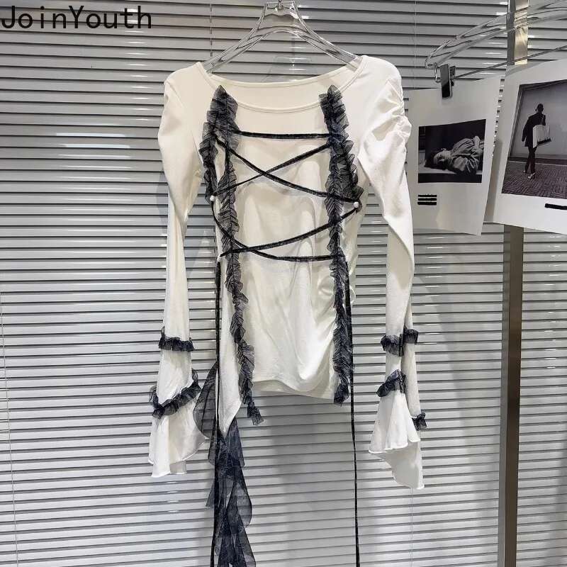 Y2k Tshirts Women Long Sleeve O-neck Tunic Tees Patchwork Gauze Ruffles Tassel Camisetas Fashion Sexy T-shirts 2025 Ropa Mujer