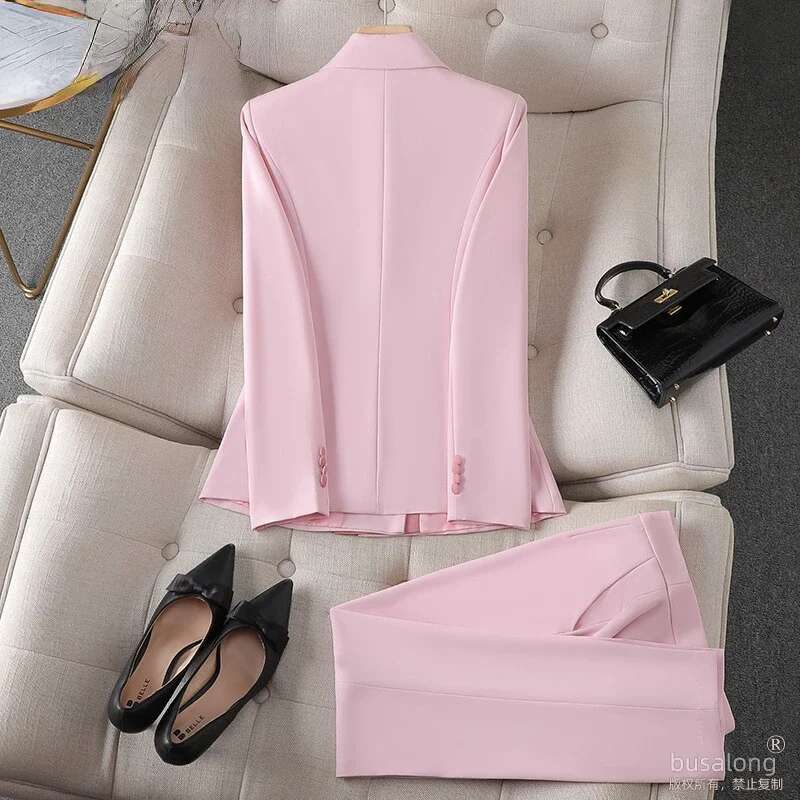 Temperament Korean Suit Fashion Pant Outfits Two Piece Sets Long Sleeve Tunic Coat High Waist Straight Pants Set Roupas Femme