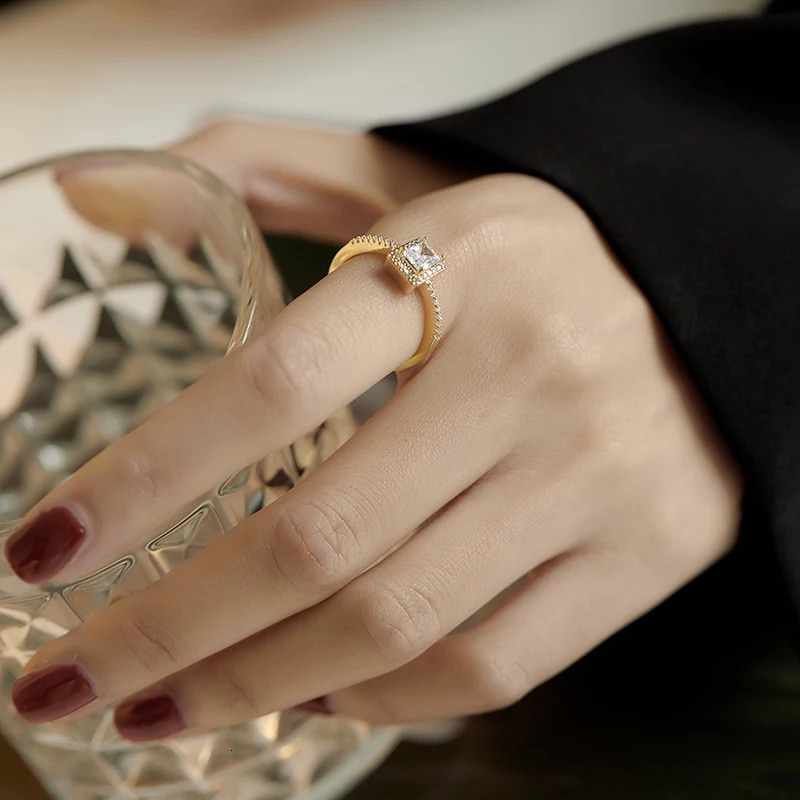Exquisite Simple Square Zircon Gold Color Open Rings For Woman 2025 Salary Goth Jewelry Wedding Party Girls Student Ring 250617
