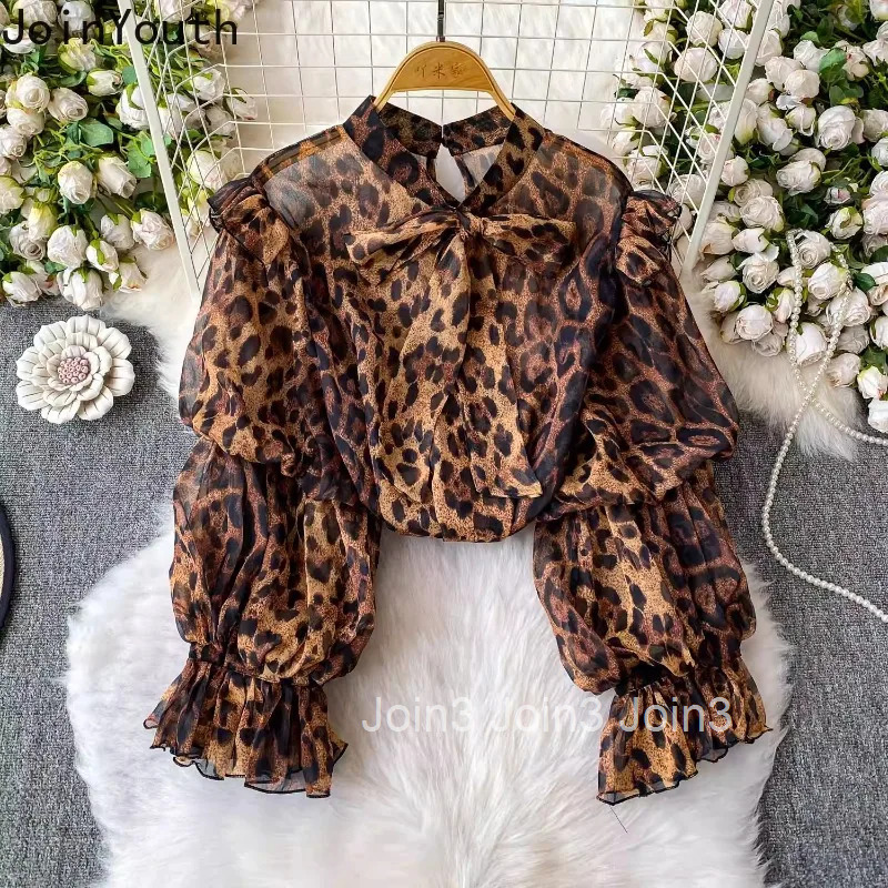 Sexy Leopard Print Shirts Womens Clothing Temperament Tops Lantern Sleeve Blouses Stand Neck Bandage Summer Camisas De Mujer