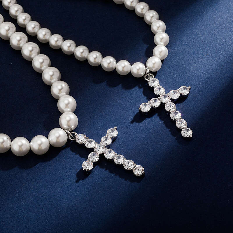 Jin Ao 8-10MM Versatile Pearl Necklace Niche Design Cross Pendant Accessory