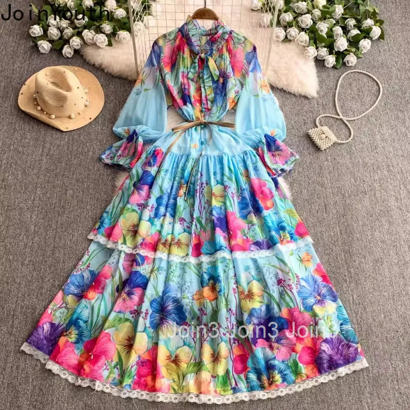 Maxi Dresses Womens Clothing Bandage Slim Waist Floral Robe Femme Bow Single Breasted Lace Summer Dress 2025 Vestidos De Mujer