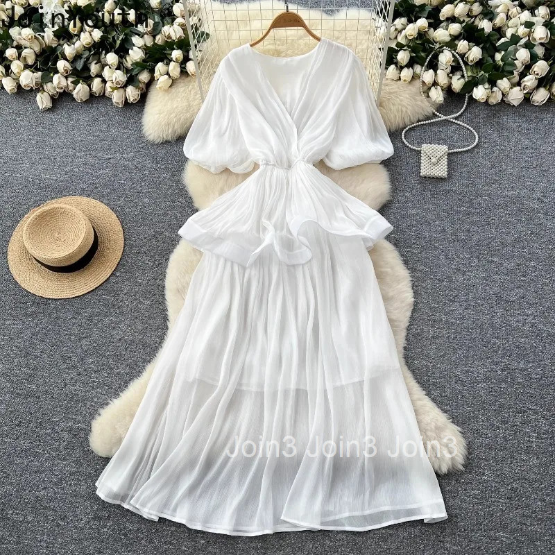 2025 Vestidos De Mujer Summer Dress for Women V-neck Puff Sleeve Slim Waist Robe Femme Ruffles Gauze Temperament Maxi Dresses
