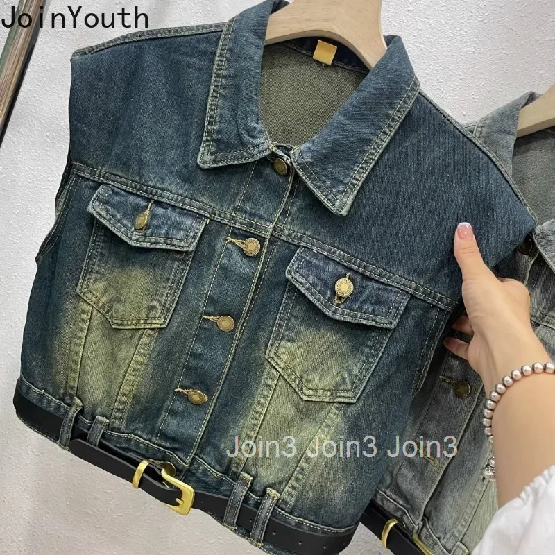 Vintage Sleeveless Women Denim Vest Jackets 2025 Ropa Mujer Fashion Streetwear Waistcoat Crop Tops Casual Fashion Tanks 7m017