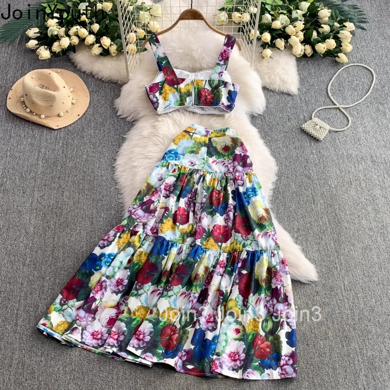 Skirt Outfits Women Clothing Summer 2 Piece Sets Sexy Tunic Crop Tops High Waist A-line Big Swing Skirts Suit Sweet Floral Set