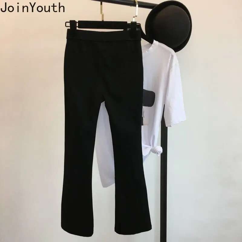 2025 New Bottoms Summer Fashion Flare Pants Women Clothing High Waist Tunic Split Trousers Casual Vintage Black Pantalon Femme
