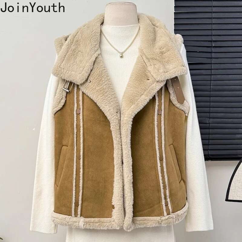 Vintage Loose Lamb Wool Womens Vest Sleeveless Coats Tops Zipper Furry Thicked Waistcoat Y2k Tanks Winter Clothes Women 2025