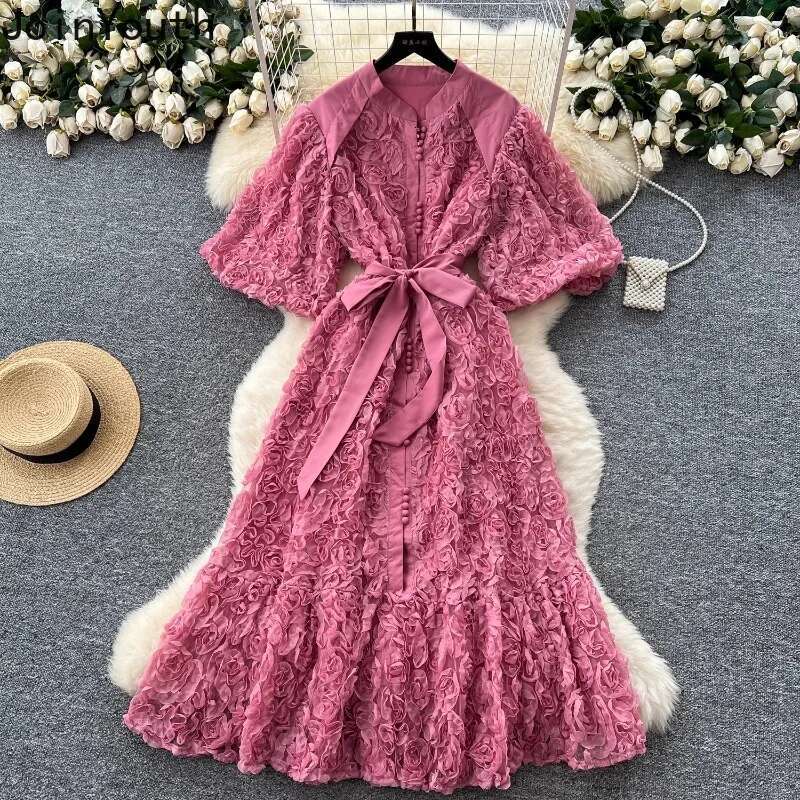 Elegant Woman Dresses Heavy 3D Floral Sweet Chic Robe Femme Slim Waist Single Breasted Bandage Maxi Dress 2025 Vestidos De Mujer