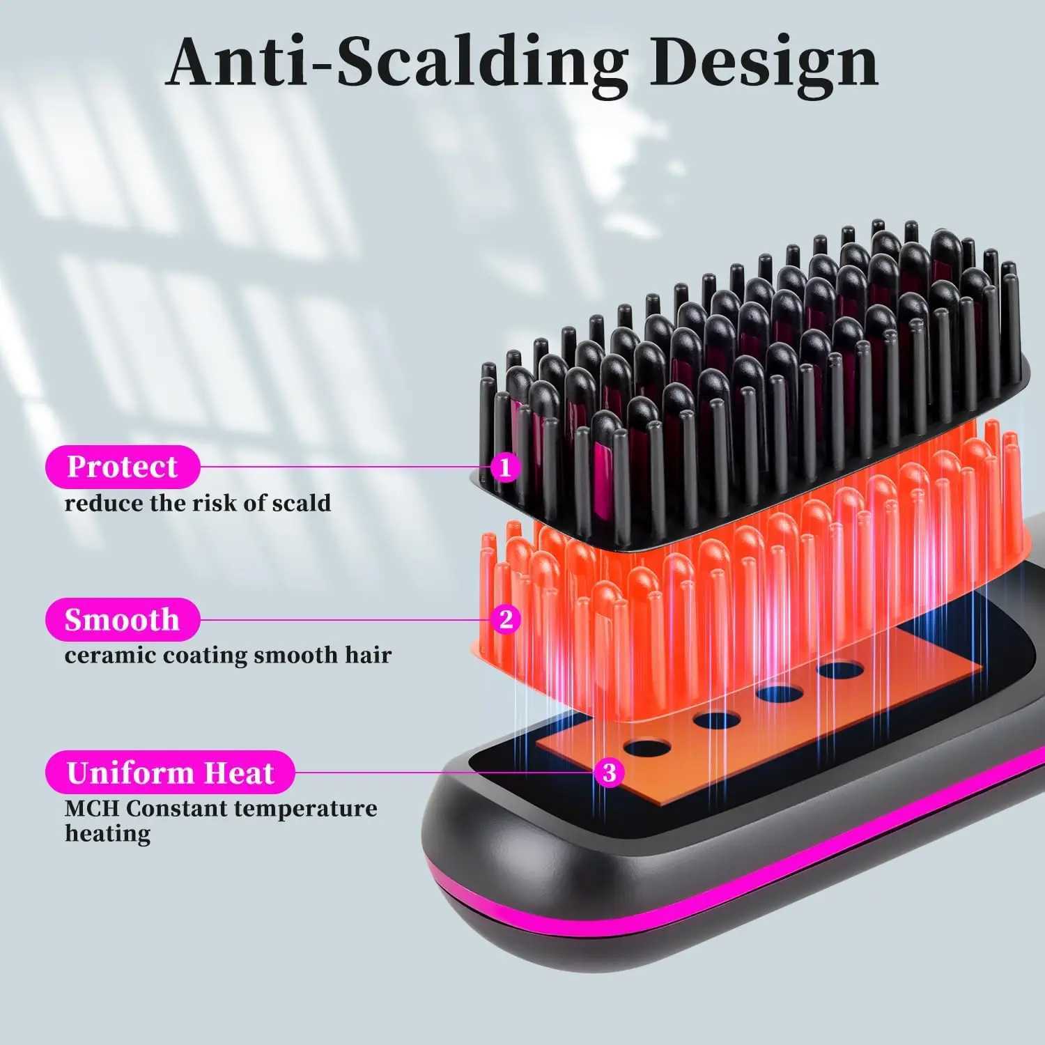 Electric LCD Usb Hair Straightener Brush -Portable Mini Hair Straightener Comb Dual Voltage with 3Temp-SettingsTravel-ReadyXJ250621