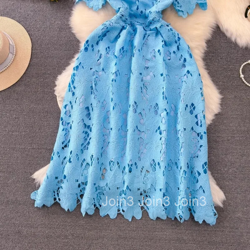 Sweet O-neck Lace Blue Dress Women Summer Slim Waist A-line Dresses Short Sleeve Mid-length Vestidos Mujer Vintage Robe Femme