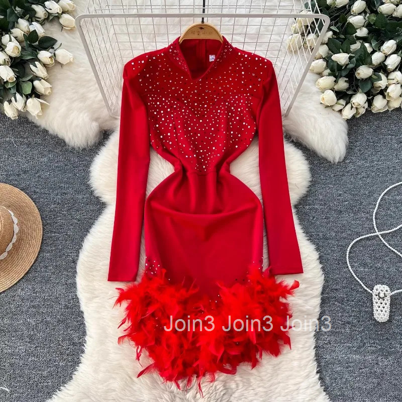Temperament Sexy Robe Femme Half High Collar Tunic Dresses for Women 2025 Vestidos De Mujer Feather Diamond Bodycon Mini Dress